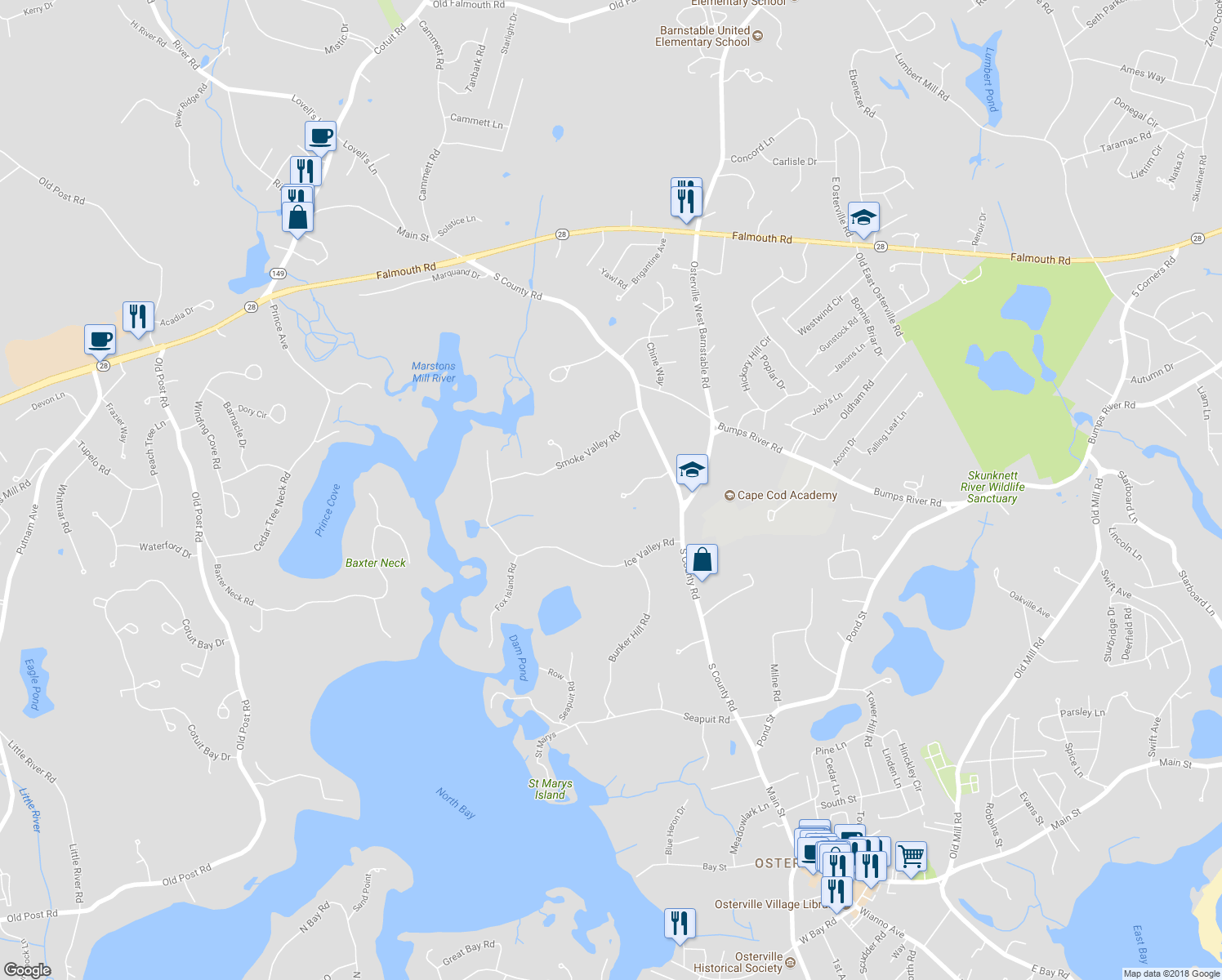map of restaurants, bars, coffee shops, grocery stores, and more near 80 Farm Valley Road in Barnstable