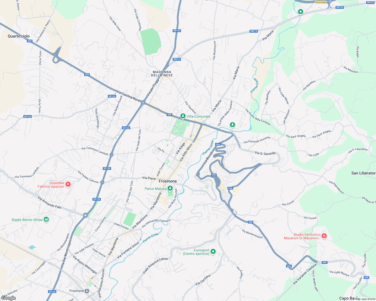 map of restaurants, bars, coffee shops, grocery stores, and more near 317 Via Moro Aldo in Frosinone