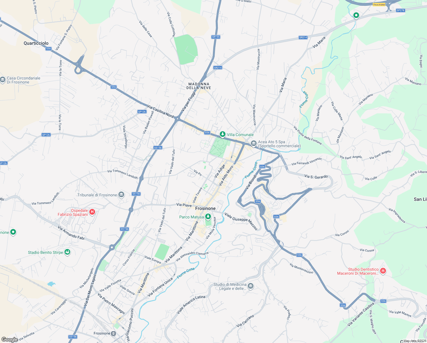 map of restaurants, bars, coffee shops, grocery stores, and more near 30 Via Adige in Frosinone