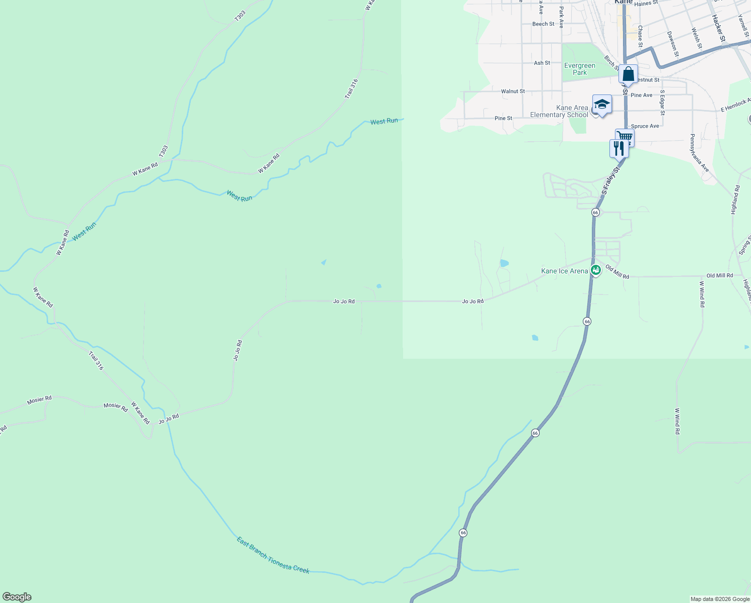 map of restaurants, bars, coffee shops, grocery stores, and more near Jo Jo Road in Kane