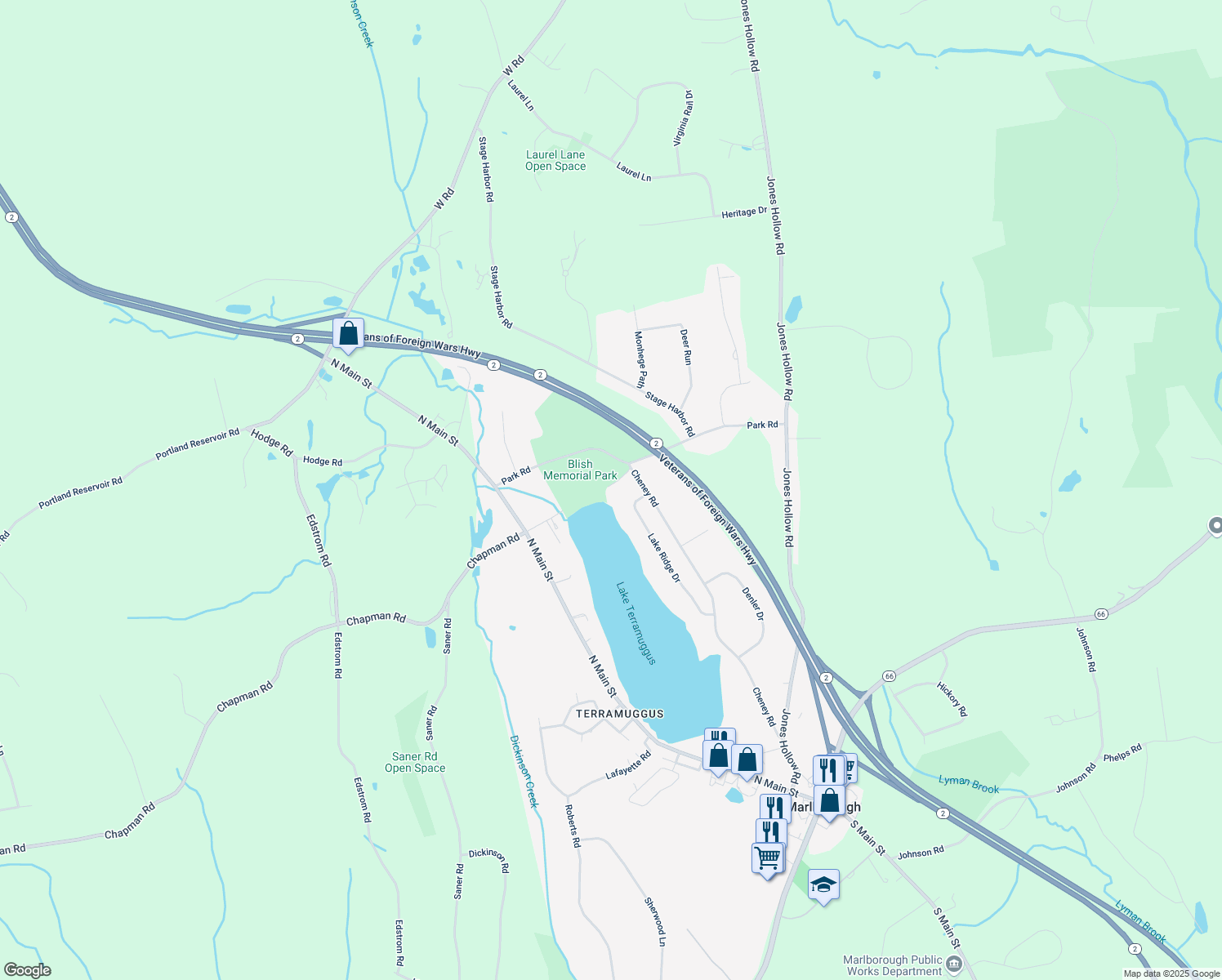 map of restaurants, bars, coffee shops, grocery stores, and more near 17 East Lake Road in Marlborough