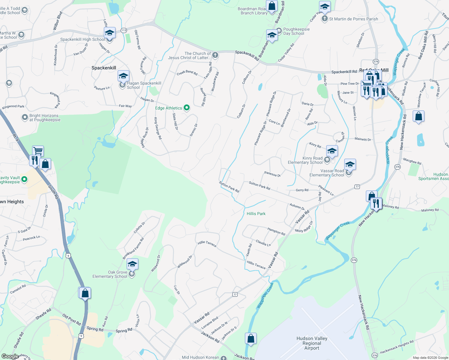 map of restaurants, bars, coffee shops, grocery stores, and more near 7 Shelley Road in Poughkeepsie