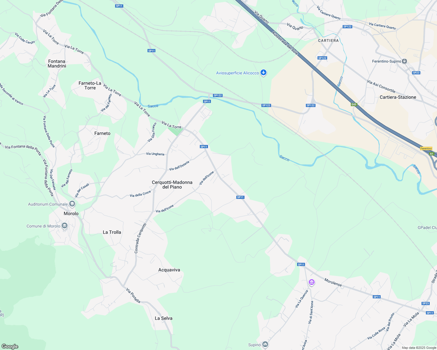 map of restaurants, bars, coffee shops, grocery stores, and more near Strada Provinciale 11 in Provincia di Frosinone