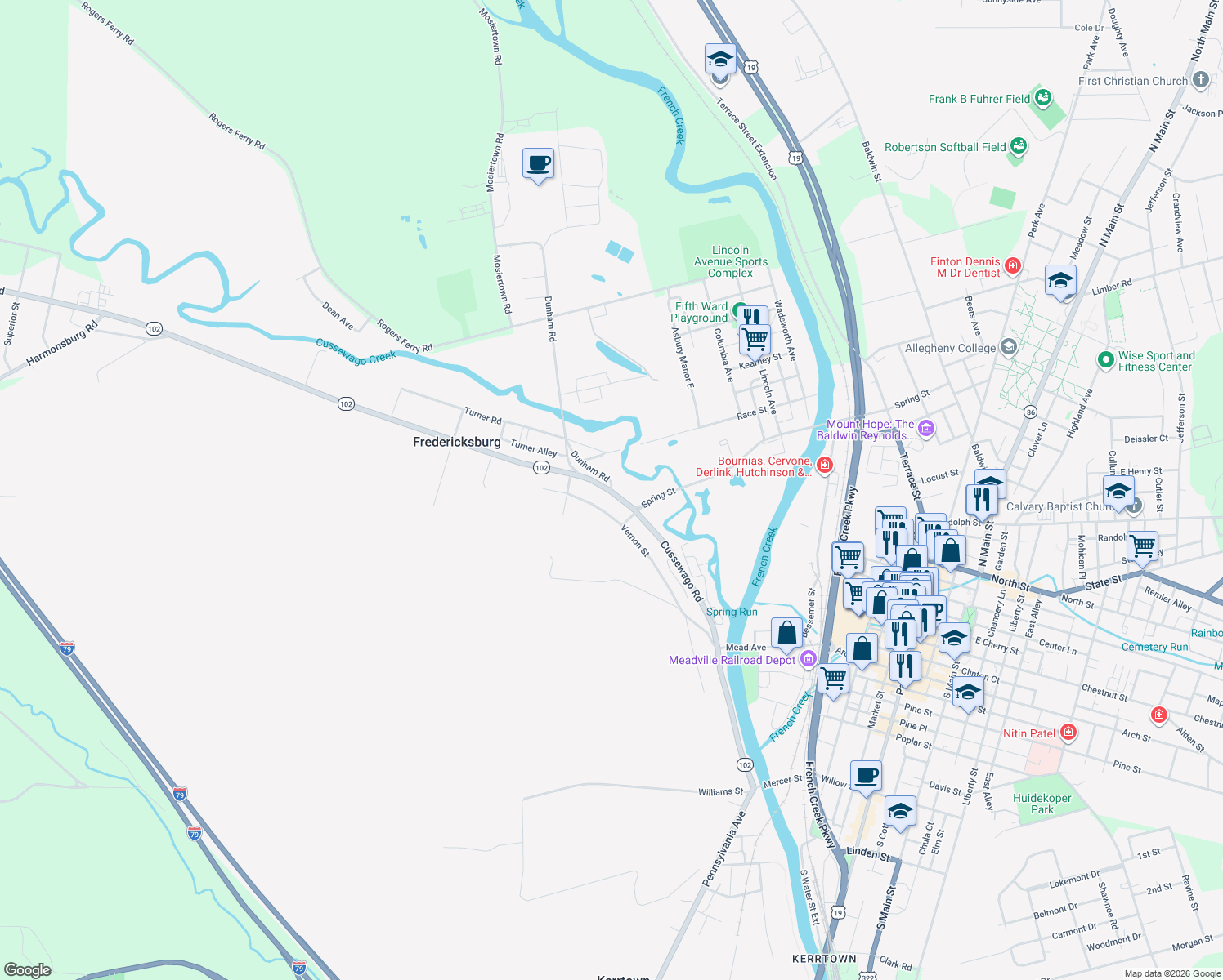 map of restaurants, bars, coffee shops, grocery stores, and more near 18159 Cussewago Rd in Meadville