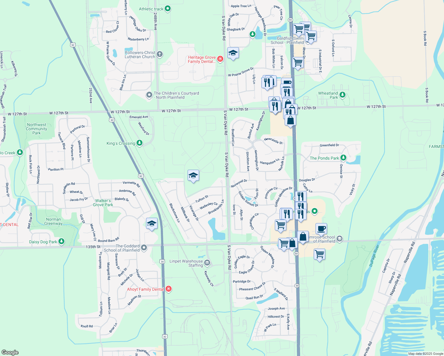 map of restaurants, bars, coffee shops, grocery stores, and more near 13113 Brooklands Lane in Plainfield