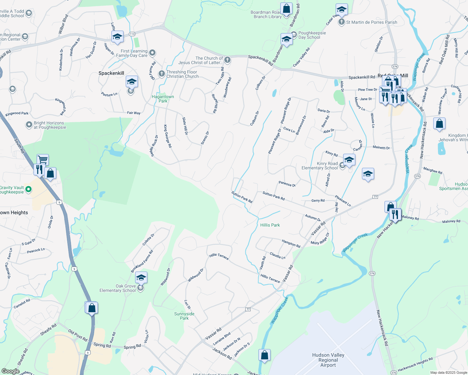 map of restaurants, bars, coffee shops, grocery stores, and more near 7 Shelley Road in Poughkeepsie