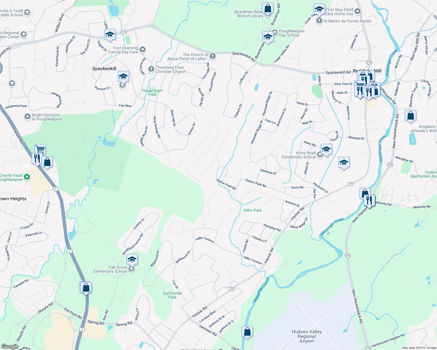 map of restaurants, bars, coffee shops, grocery stores, and more near 7 Shelley Road in Poughkeepsie
