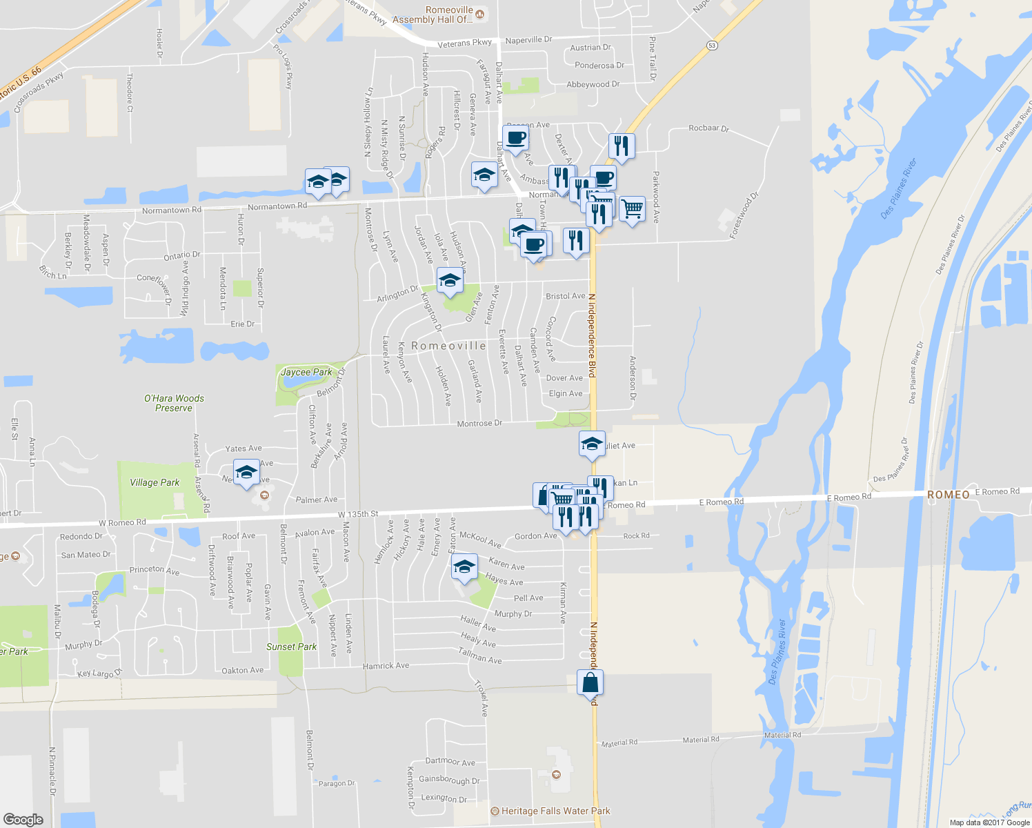 map of restaurants, bars, coffee shops, grocery stores, and more near 401 Everette Avenue in Romeoville