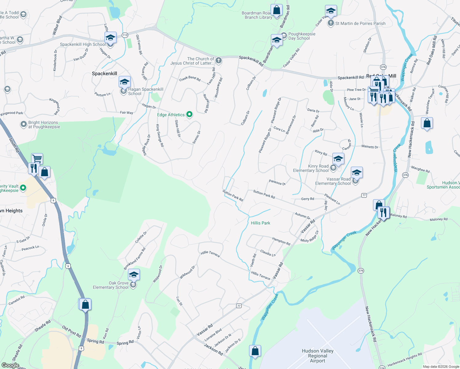 map of restaurants, bars, coffee shops, grocery stores, and more near 7 Shelley Rd in Poughkeepsie