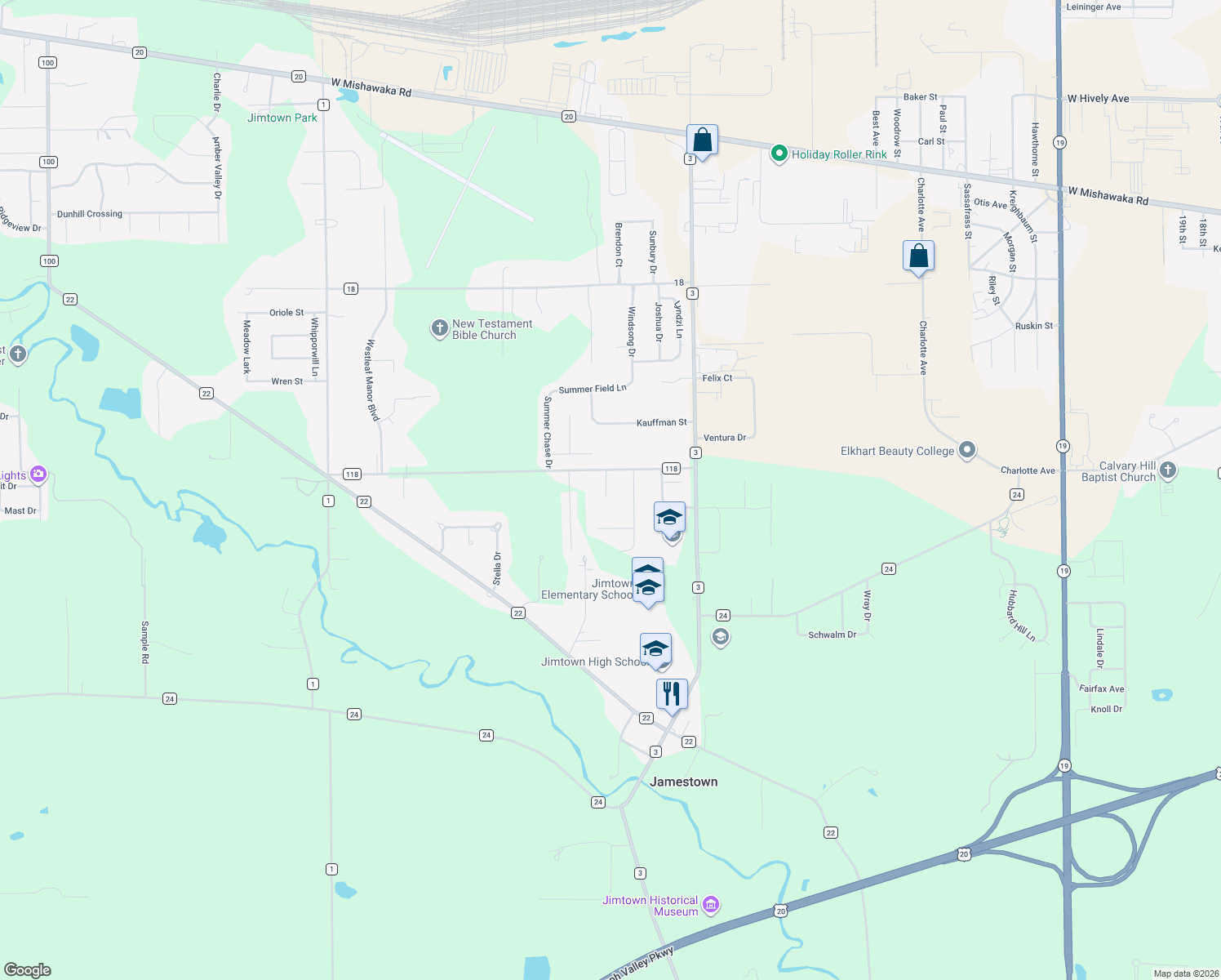 map of restaurants, bars, coffee shops, grocery stores, and more near 29232 County Road 118 in Elkhart