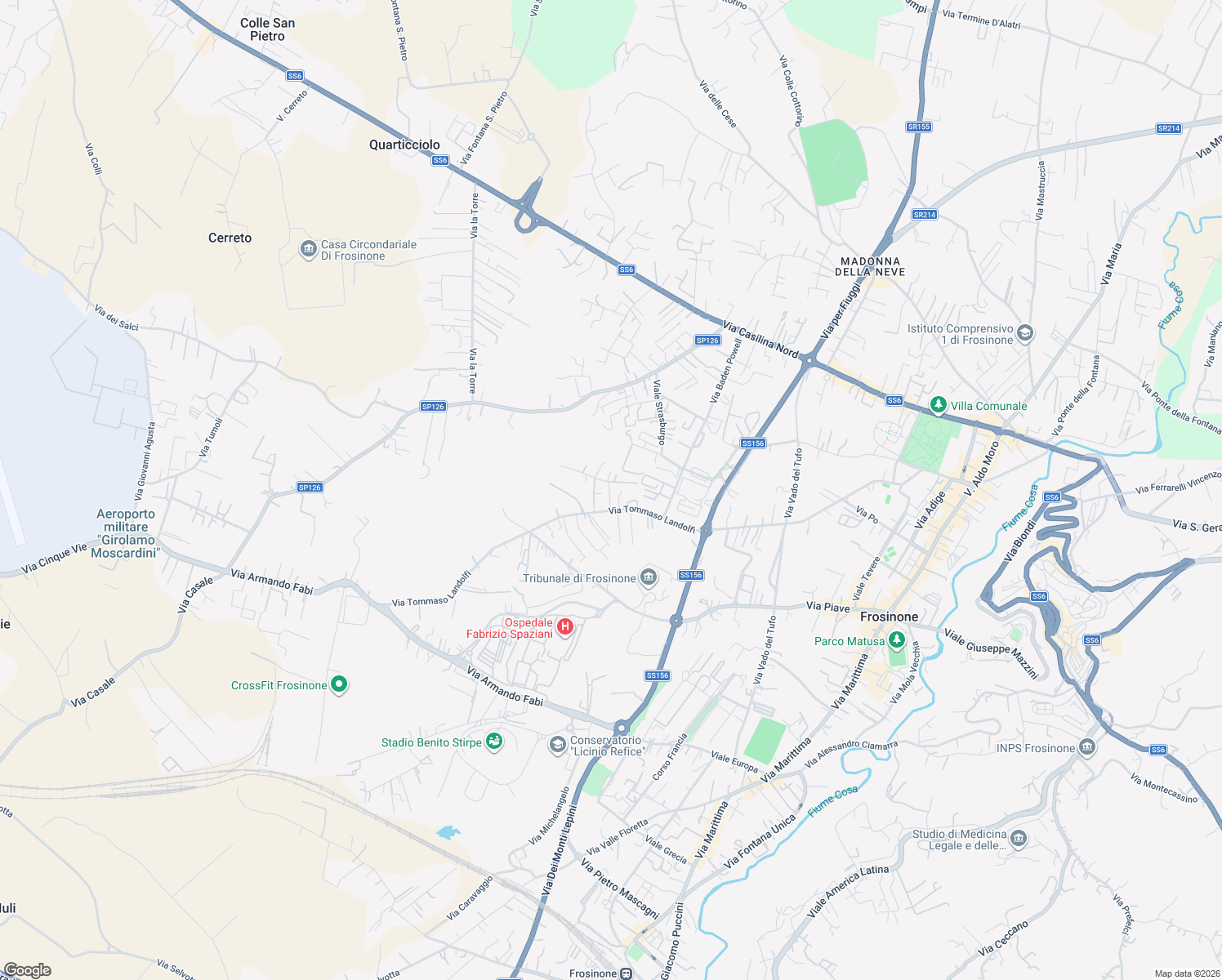 map of restaurants, bars, coffee shops, grocery stores, and more near 15 Viale Madrid in Frosinone