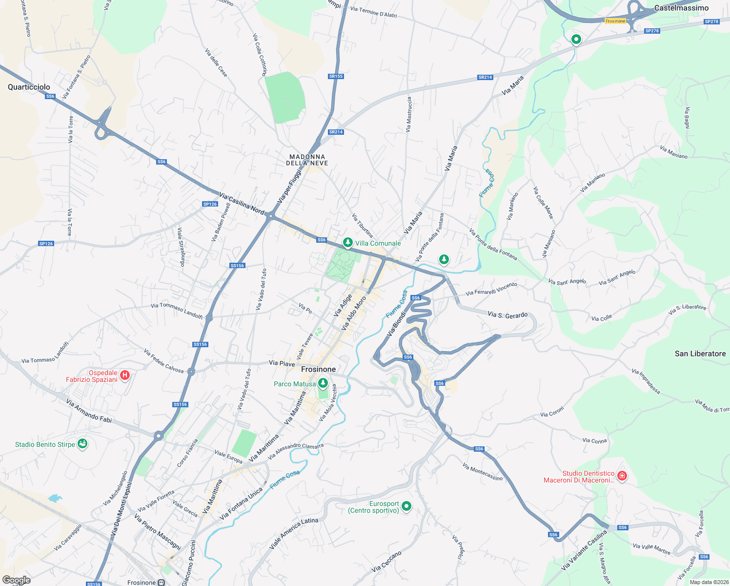 map of restaurants, bars, coffee shops, grocery stores, and more near 112 Via Aldo Moro in Frosinone