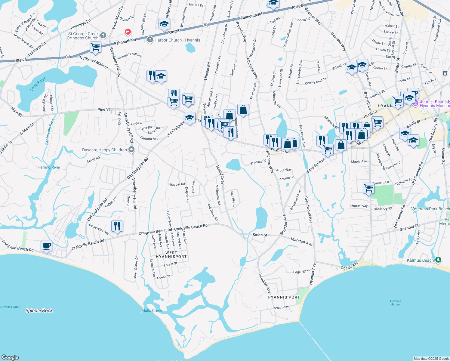 map of restaurants, bars, coffee shops, grocery stores, and more near 186 Straightway in Barnstable