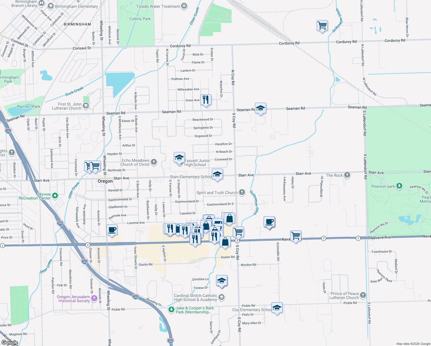 map of restaurants, bars, coffee shops, grocery stores, and more near 3253 Starr Avenue in Oregon