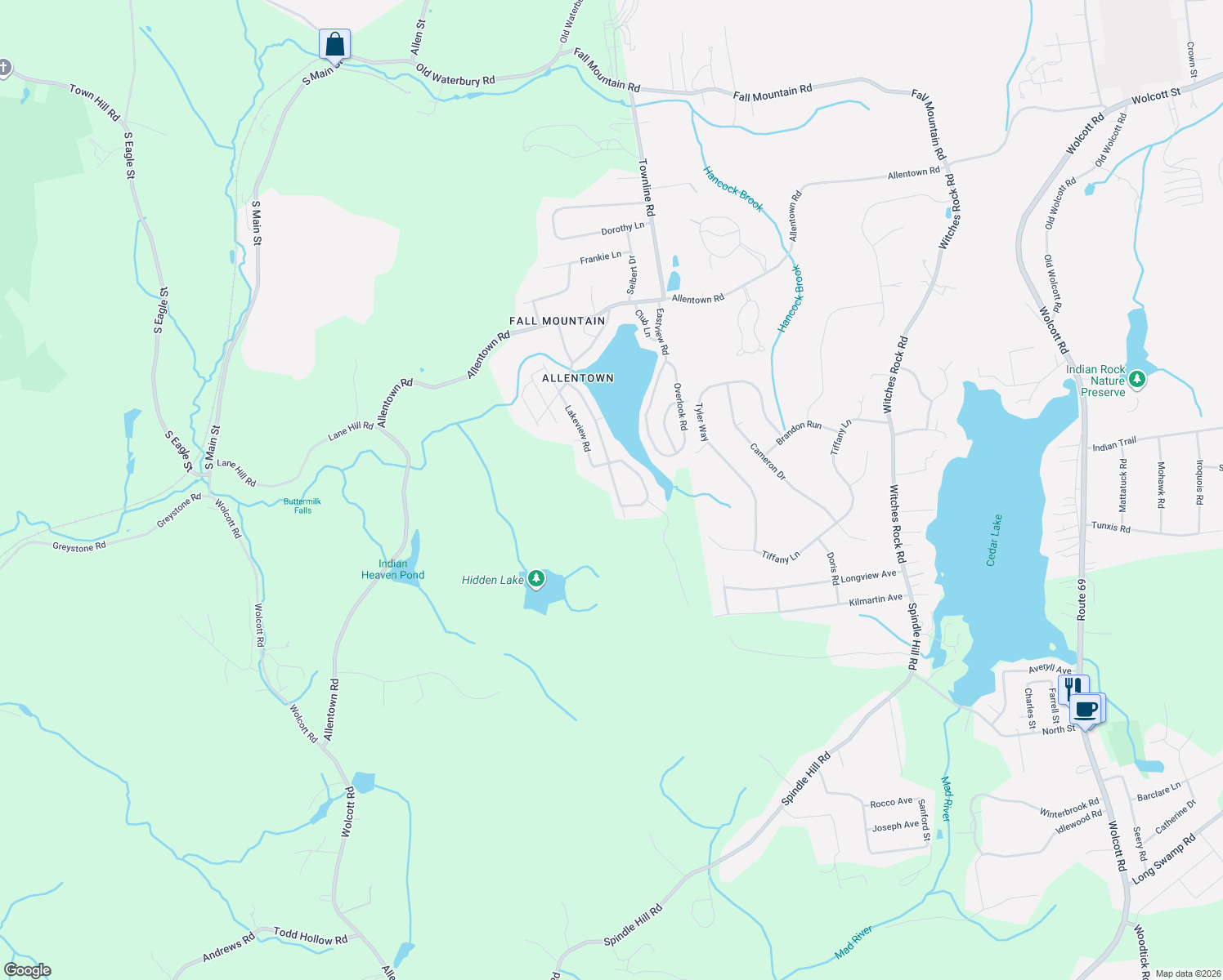 map of restaurants, bars, coffee shops, grocery stores, and more near 136 Fall Mountain Lake Road in Plymouth