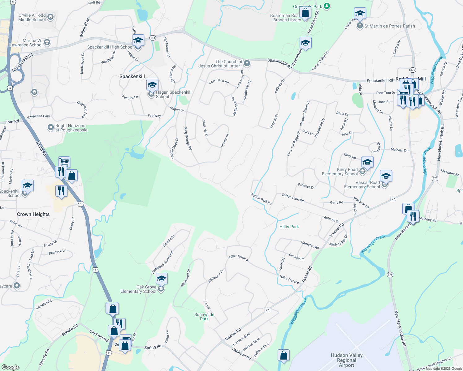 map of restaurants, bars, coffee shops, grocery stores, and more near 49 Raker Road in Poughkeepsie