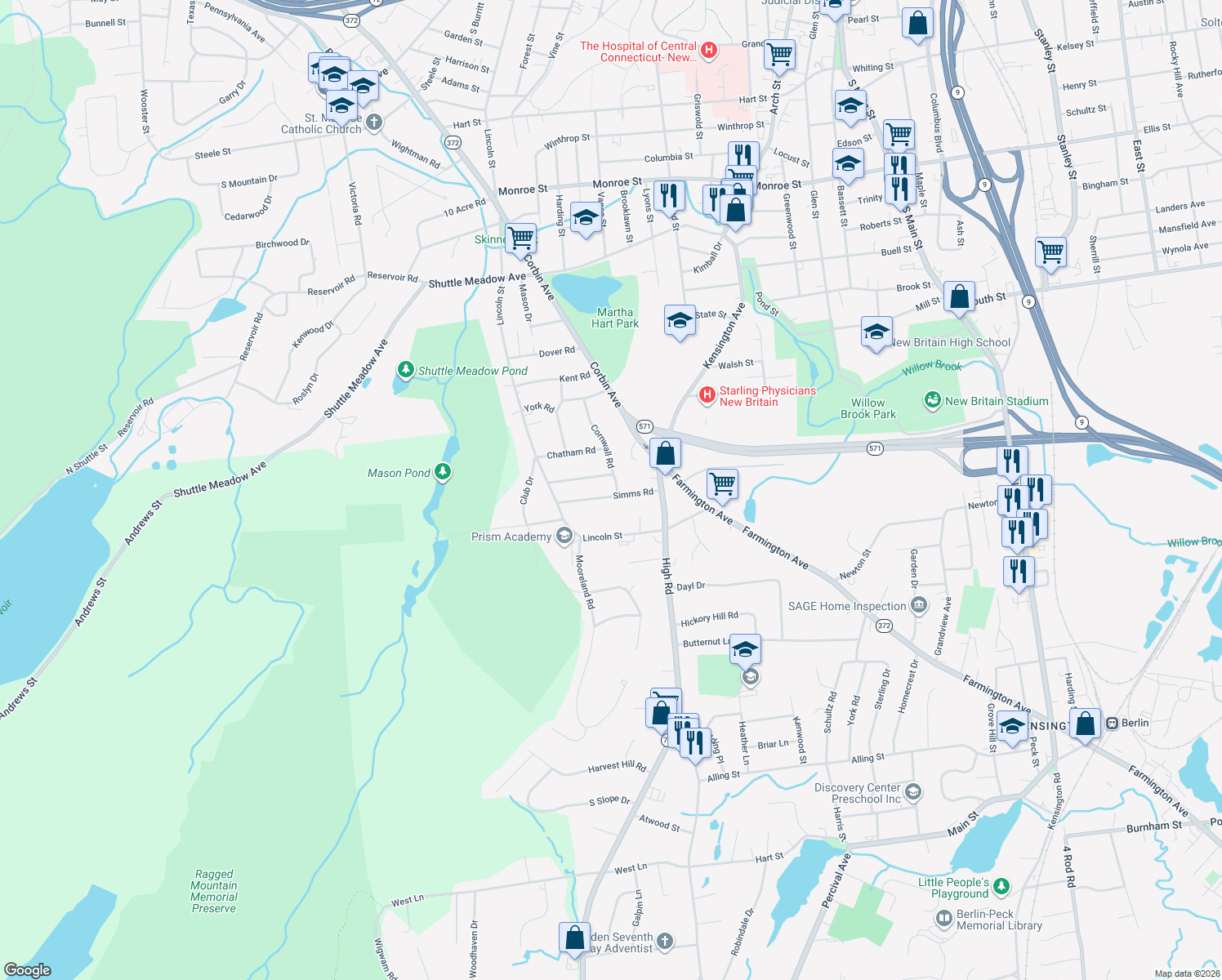 map of restaurants, bars, coffee shops, grocery stores, and more near 77 Simms Rd in Berlin