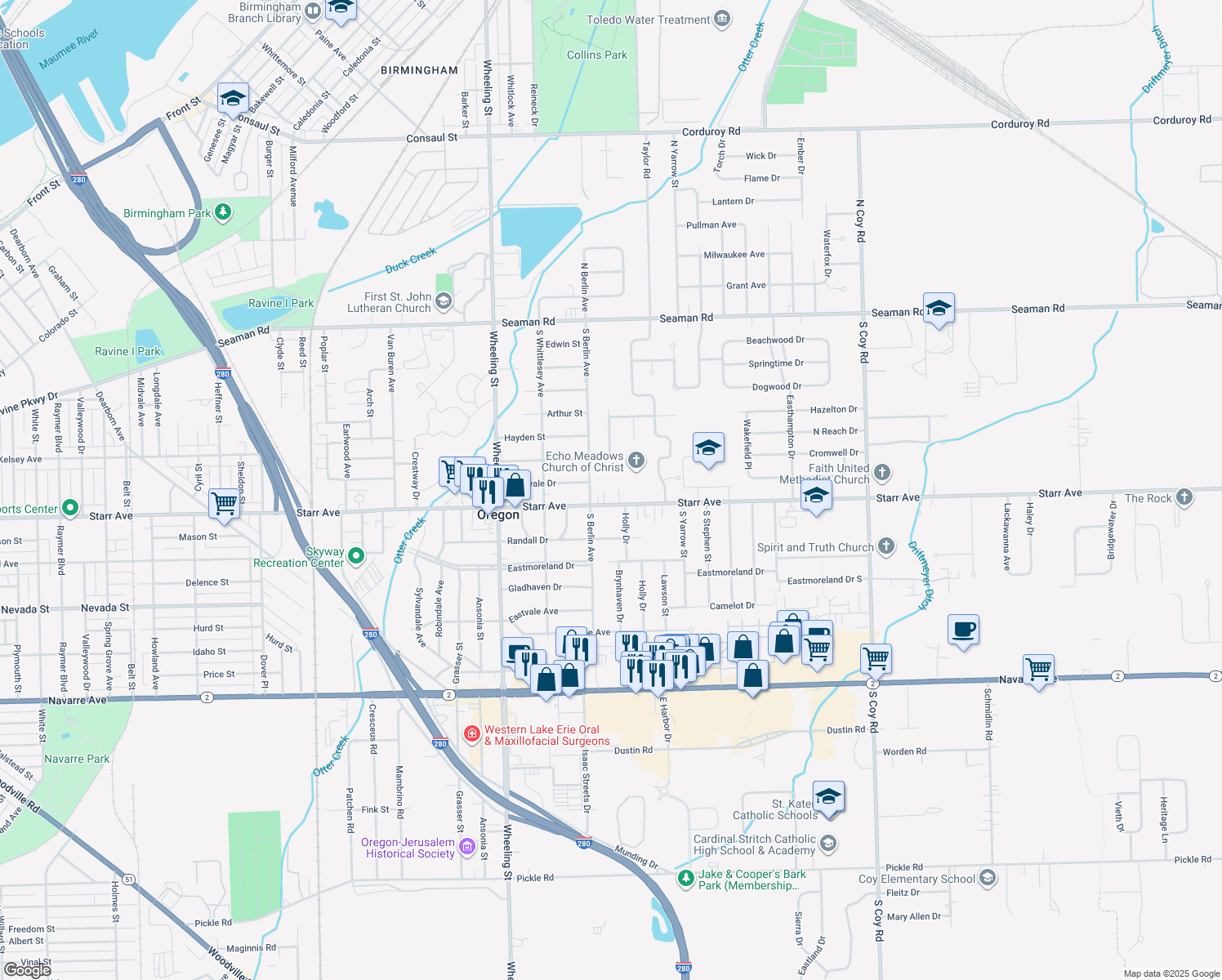 map of restaurants, bars, coffee shops, grocery stores, and more near 2823 Starr Avenue in Oregon