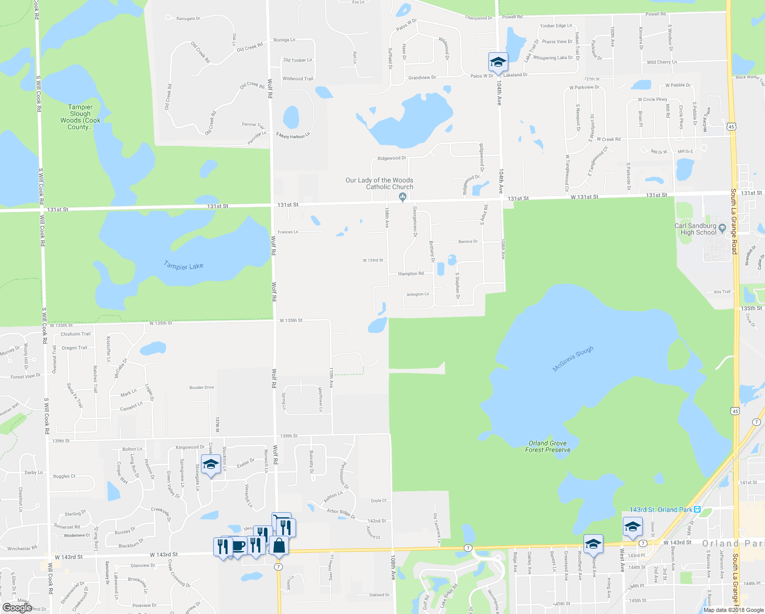 map of restaurants, bars, coffee shops, grocery stores, and more near 69 Carriage House Lane in Orland Park