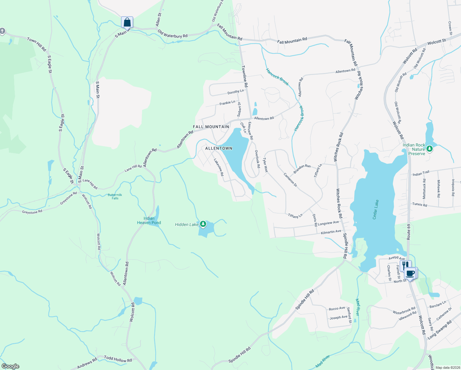 map of restaurants, bars, coffee shops, grocery stores, and more near 126 Fall Mountain Lake Road in Plymouth