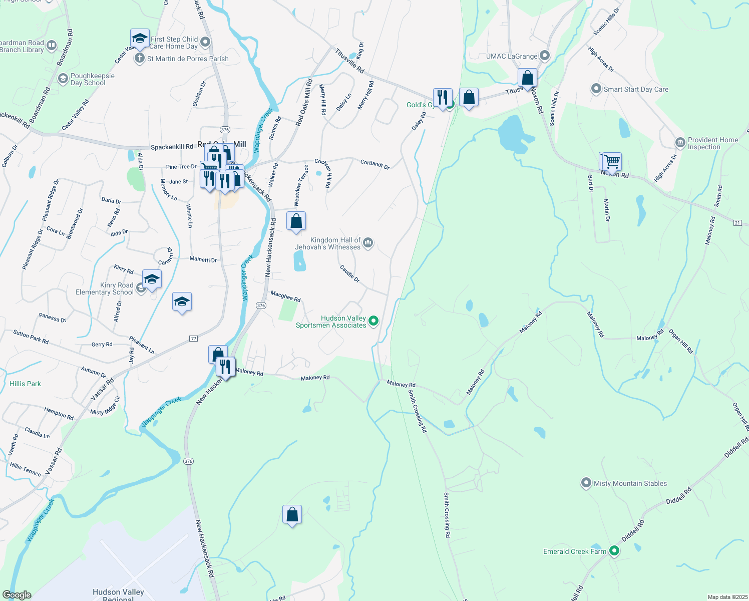 map of restaurants, bars, coffee shops, grocery stores, and more near 3 Caudie Drive in Poughkeepsie