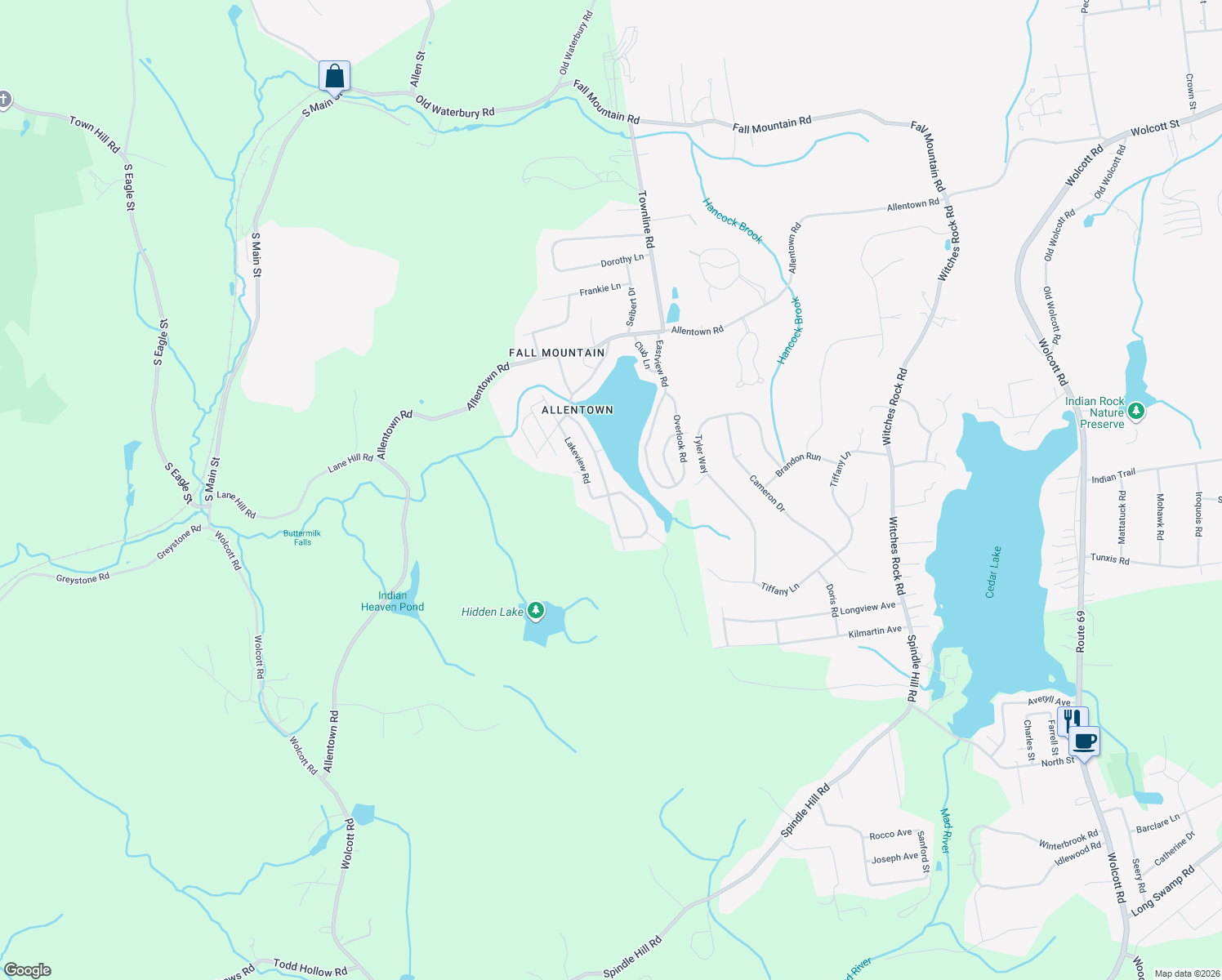 map of restaurants, bars, coffee shops, grocery stores, and more near 1 Fall Mountain Terrace in Plymouth