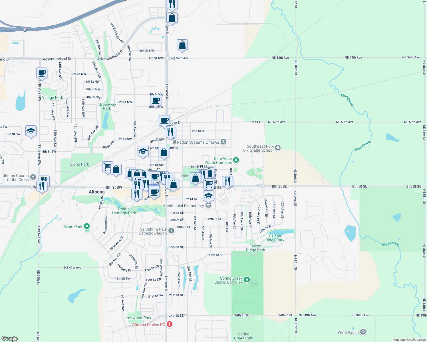 map of restaurants, bars, coffee shops, grocery stores, and more near 604 7th Avenue Southeast in Altoona