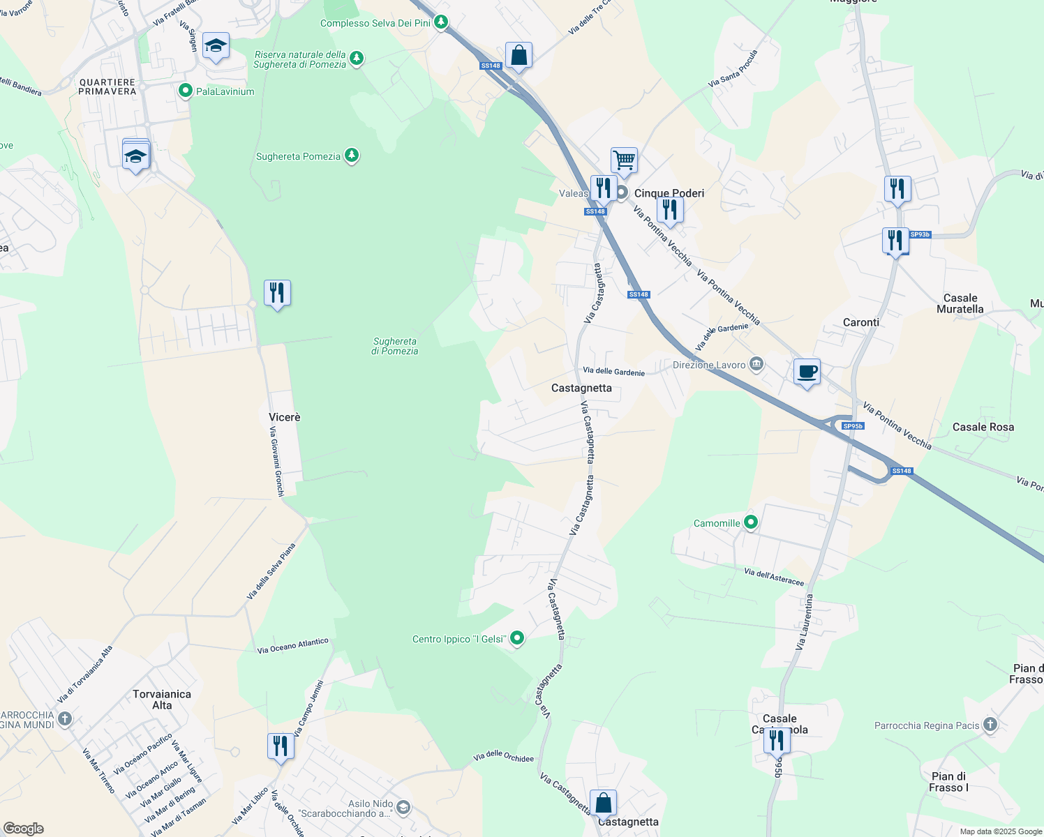 map of restaurants, bars, coffee shops, grocery stores, and more near 3 Via degli Aceri in Castagnetta