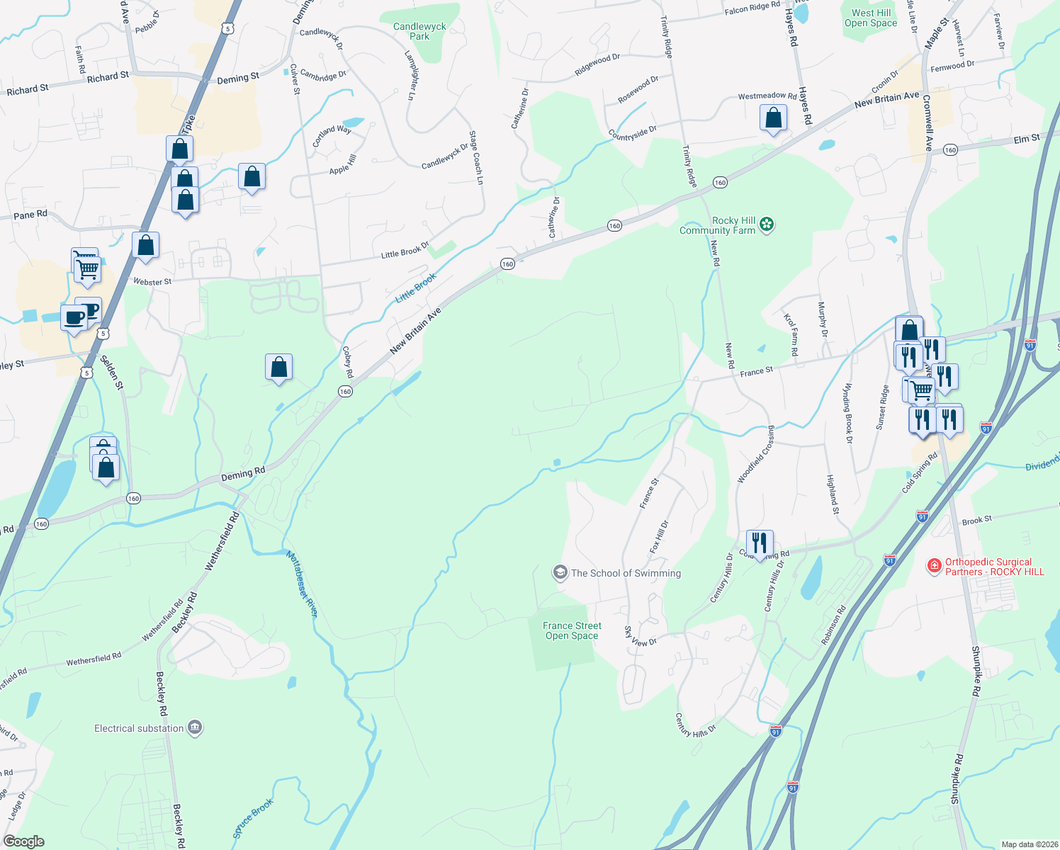 map of restaurants, bars, coffee shops, grocery stores, and more near 19 Tedwin Farms Road in Rocky Hill