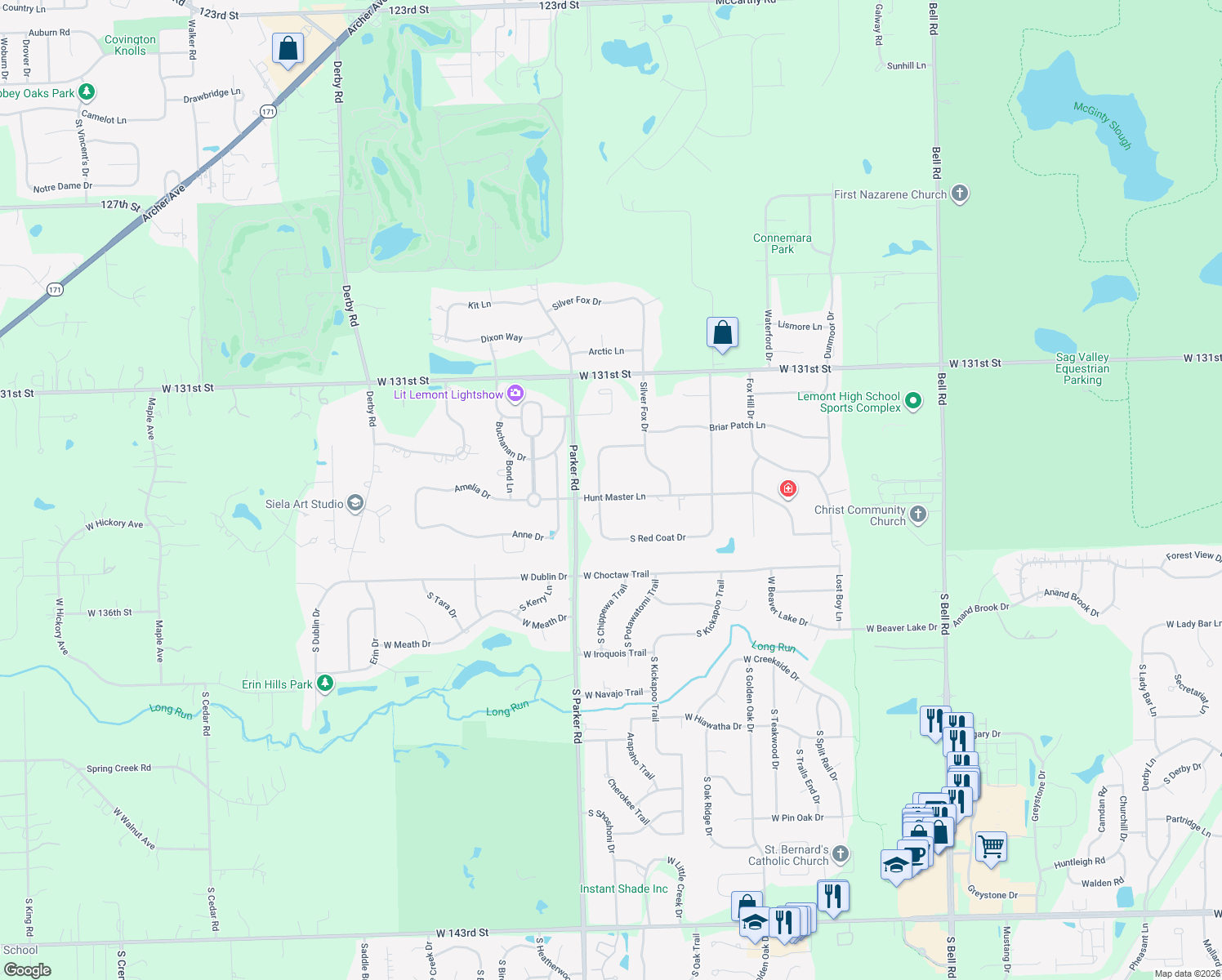 map of restaurants, bars, coffee shops, grocery stores, and more near 13343 West Red Coat Drive in Lemont