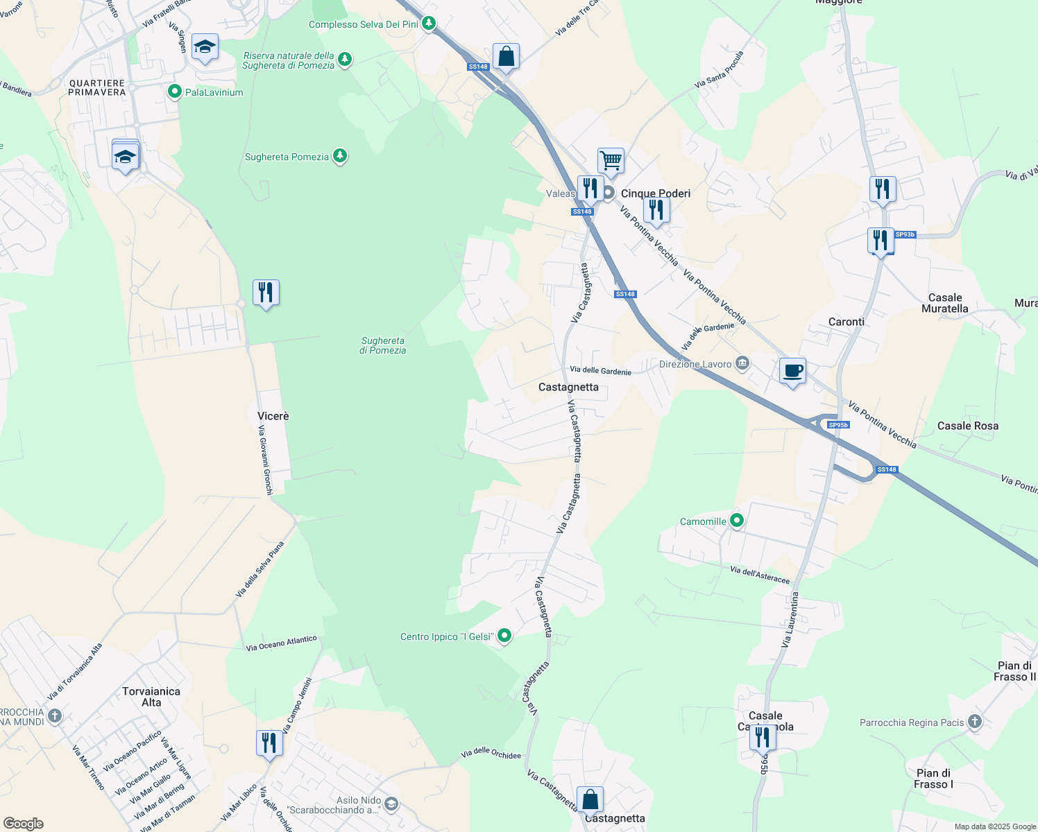 map of restaurants, bars, coffee shops, grocery stores, and more near 3 Via degli Aceri in Castagnetta
