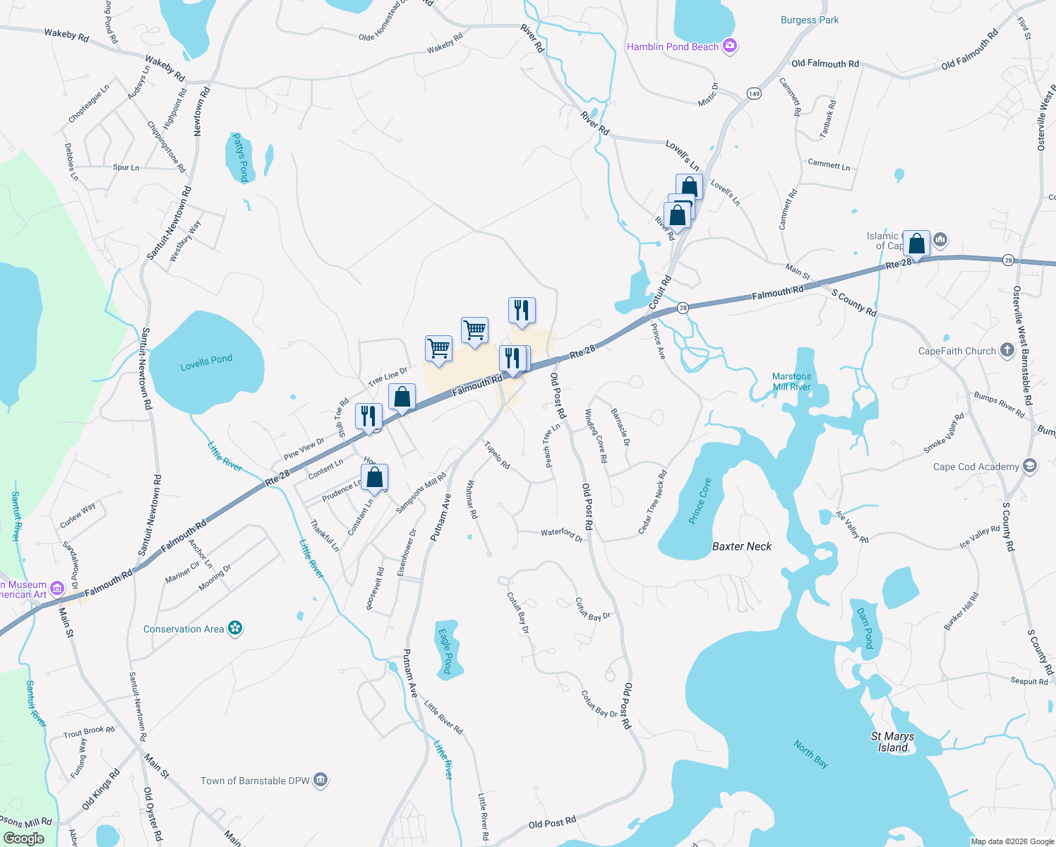map of restaurants, bars, coffee shops, grocery stores, and more near 42 Frazier Way in Barnstable