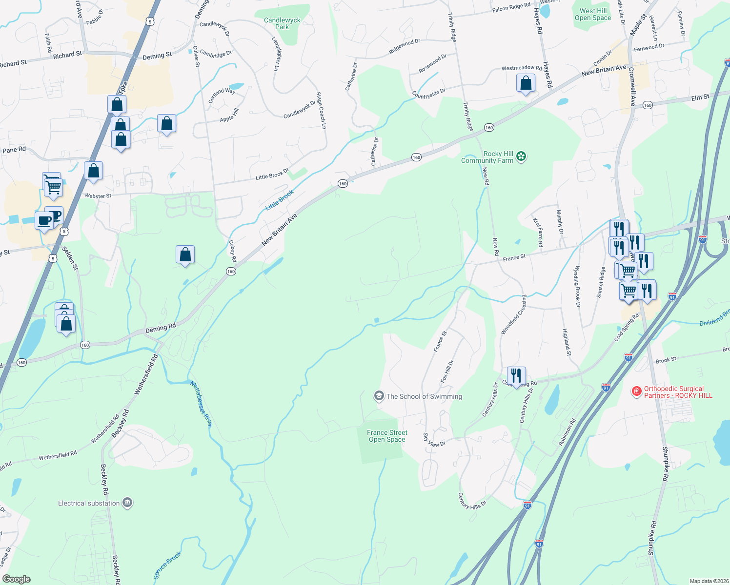 map of restaurants, bars, coffee shops, grocery stores, and more near 19 Tedwin Farms Road in Rocky Hill