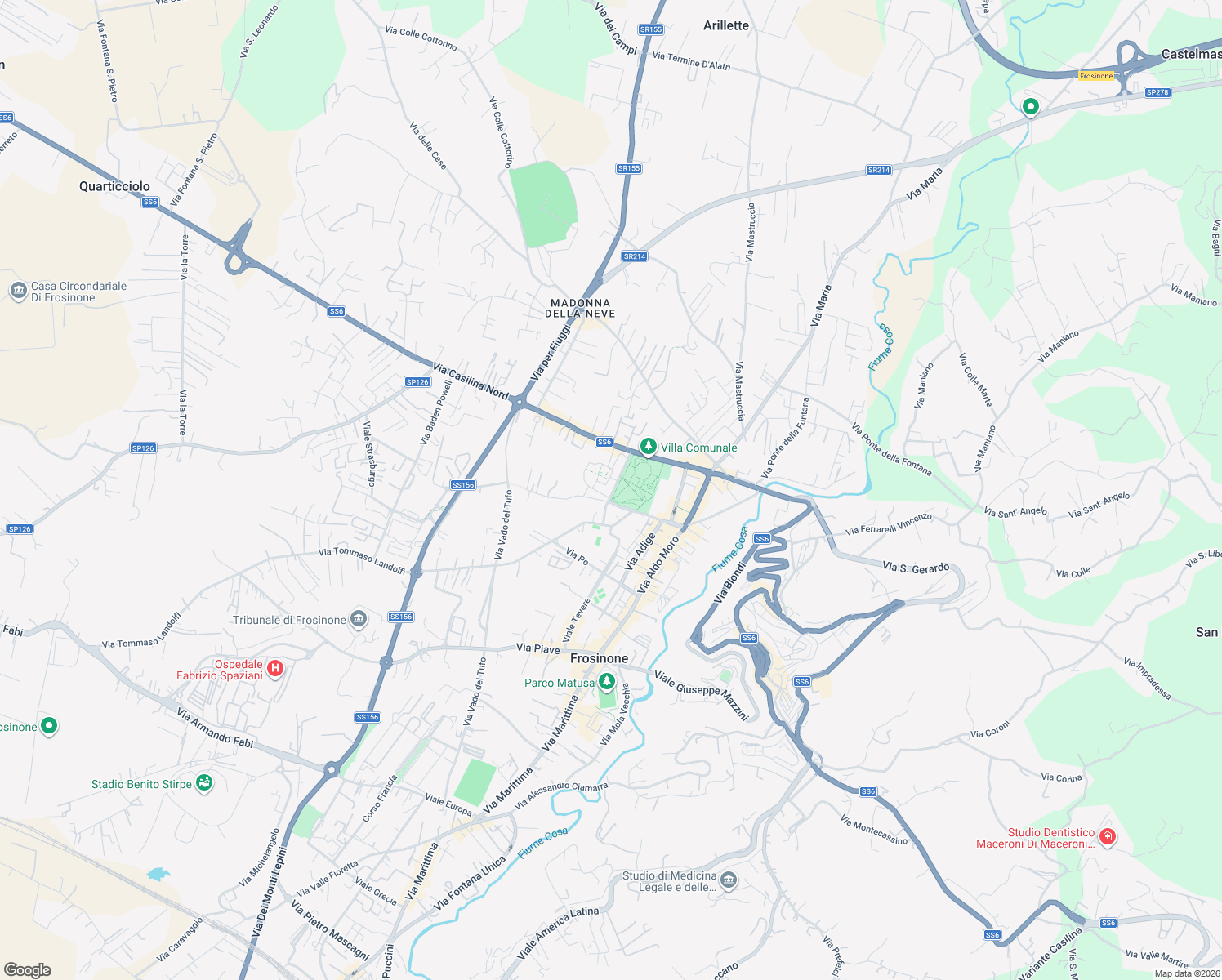 map of restaurants, bars, coffee shops, grocery stores, and more near 14/B Via Marcello Mastroianni in Frosinone