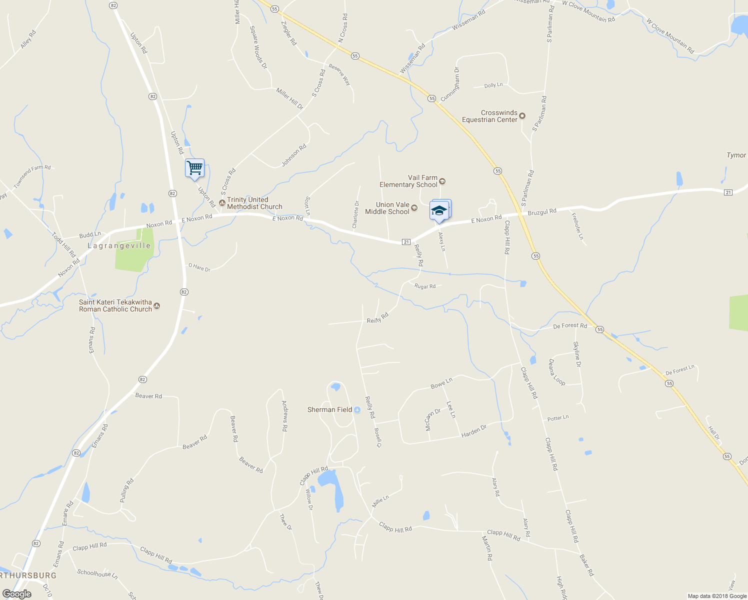 map of restaurants, bars, coffee shops, grocery stores, and more near 94 Reilly Road in Lagrangeville