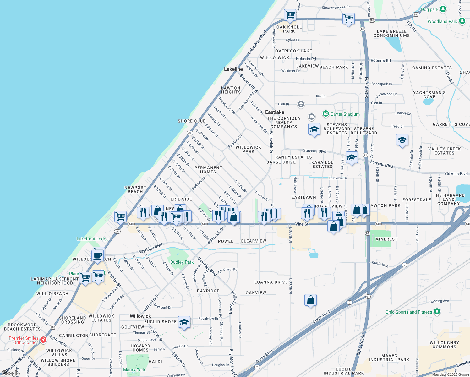 map of restaurants, bars, coffee shops, grocery stores, and more near 443 E 329th St in Willowick