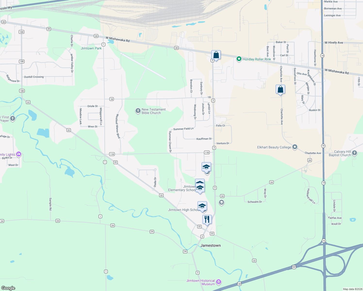 map of restaurants, bars, coffee shops, grocery stores, and more near 29299 Raintree Ct in Elkhart