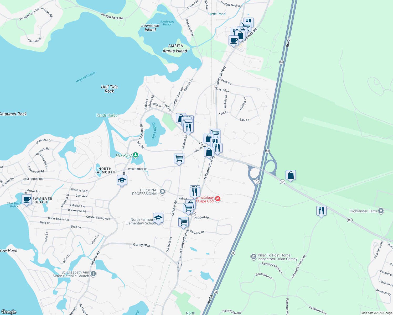 map of restaurants, bars, coffee shops, grocery stores, and more near 14 Overy Drive in Falmouth