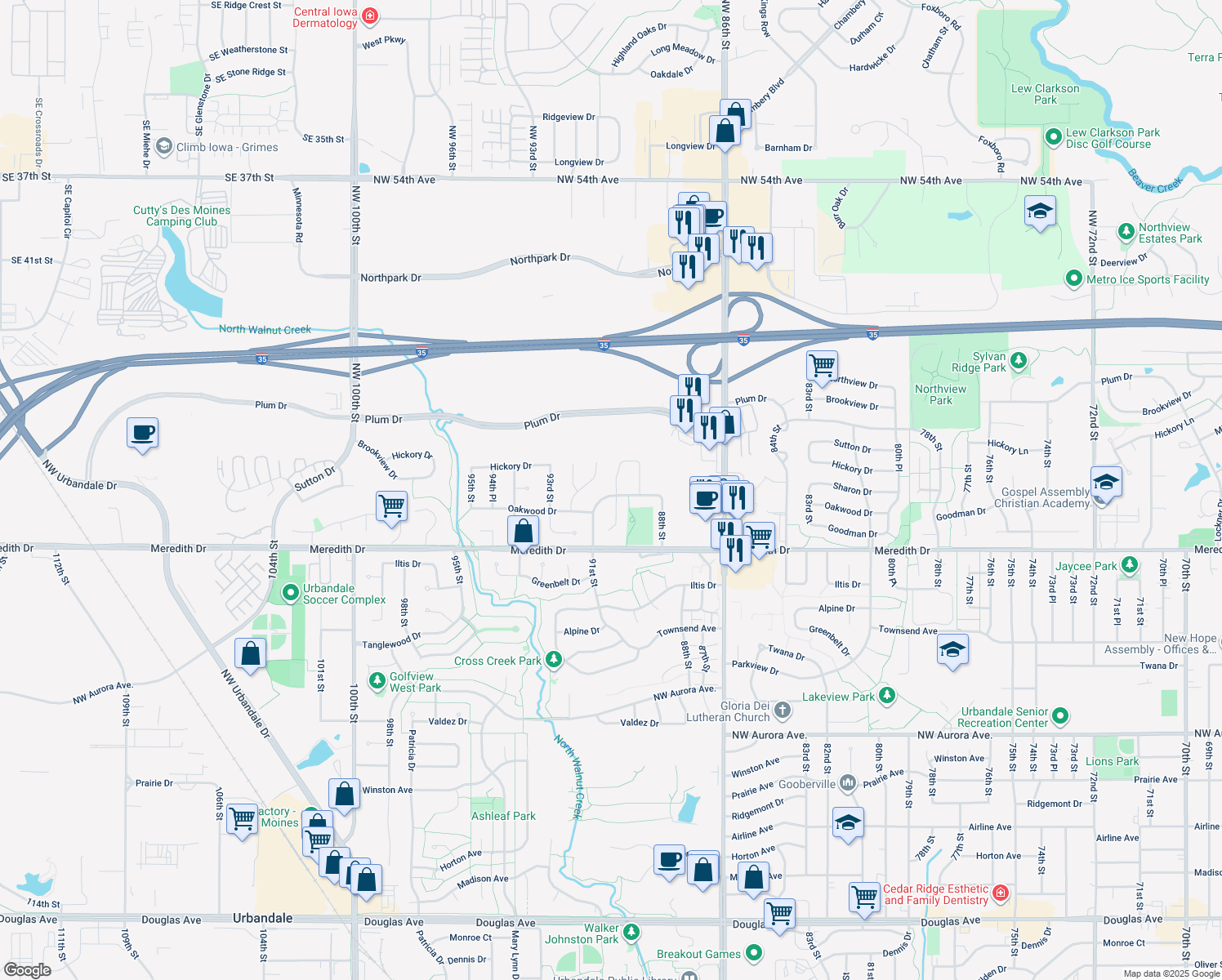 map of restaurants, bars, coffee shops, grocery stores, and more near 9001 Oakwood Drive in Urbandale