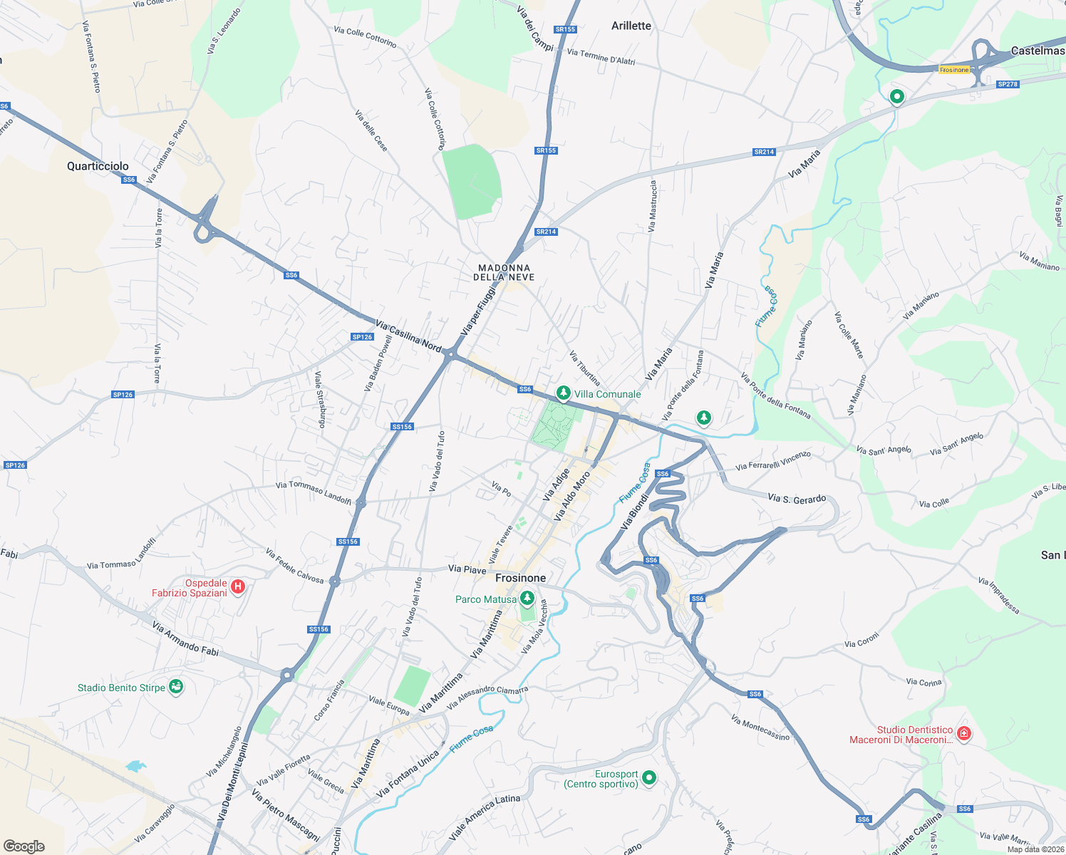 map of restaurants, bars, coffee shops, grocery stores, and more near 14/B Via Marcello Mastroianni in Frosinone