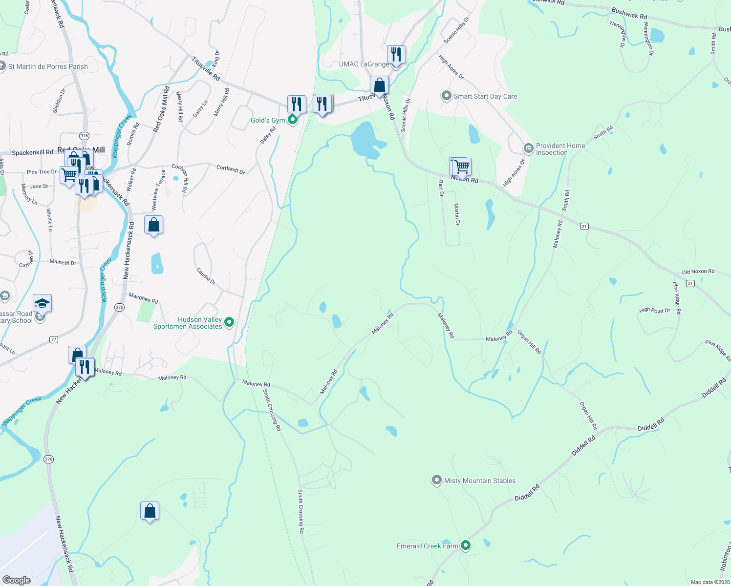 map of restaurants, bars, coffee shops, grocery stores, and more near 250 Maloney Rd in Wappingers Falls