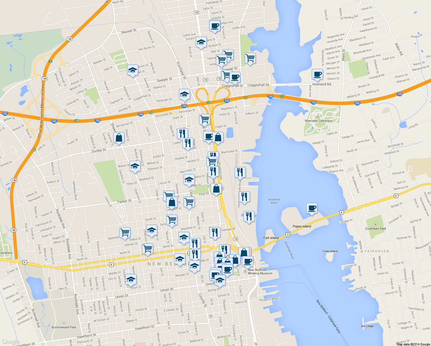 map of restaurants, bars, coffee shops, grocery stores, and more near 1558 Purchase St in New Bedford