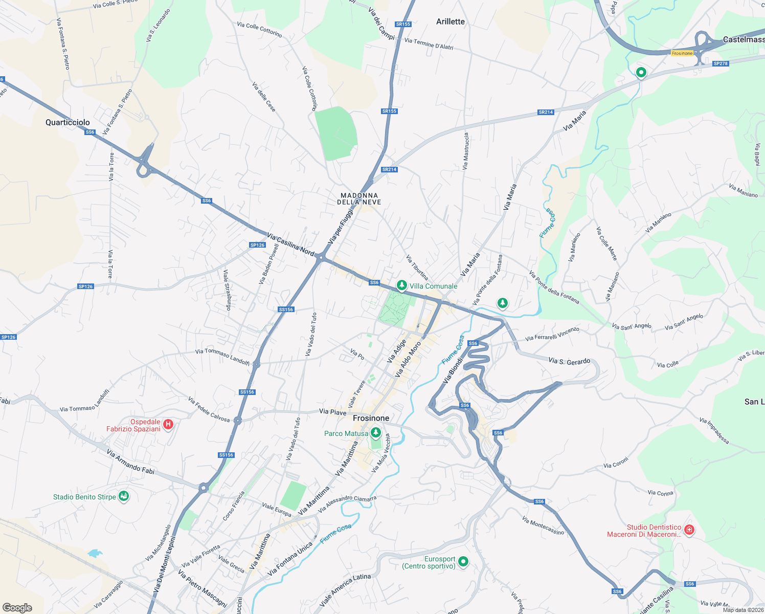 map of restaurants, bars, coffee shops, grocery stores, and more near 14/B Via Marcello Mastroianni in Frosinone