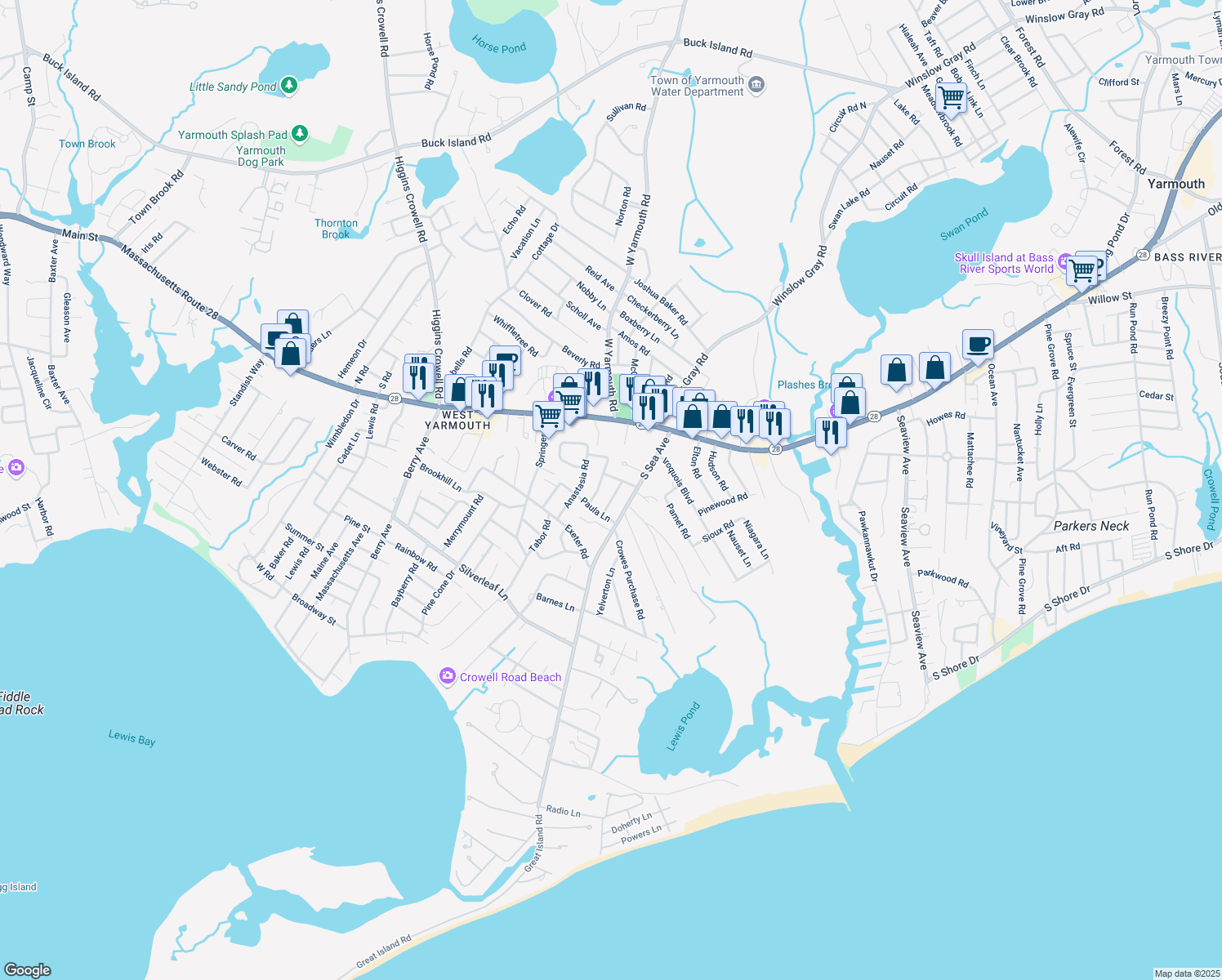 map of restaurants, bars, coffee shops, grocery stores, and more near 17 Alison Lane in Yarmouth