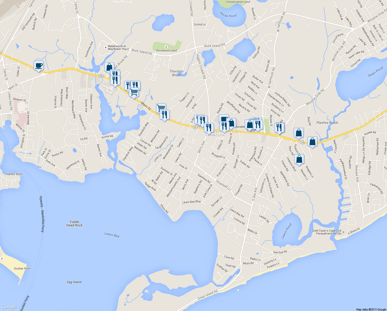 map of restaurants, bars, coffee shops, grocery stores, and more near 67 Berry Avenue in West Yarmouth