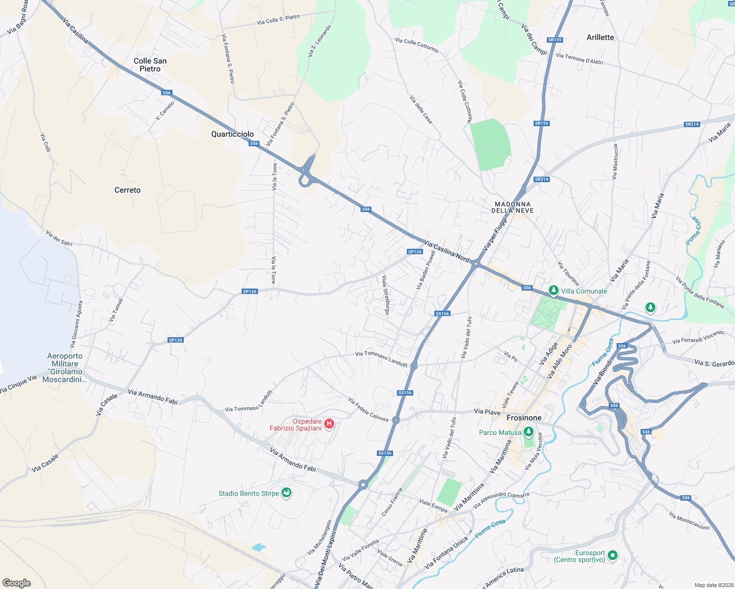 map of restaurants, bars, coffee shops, grocery stores, and more near 3a Viale Bruxelles in Frosinone