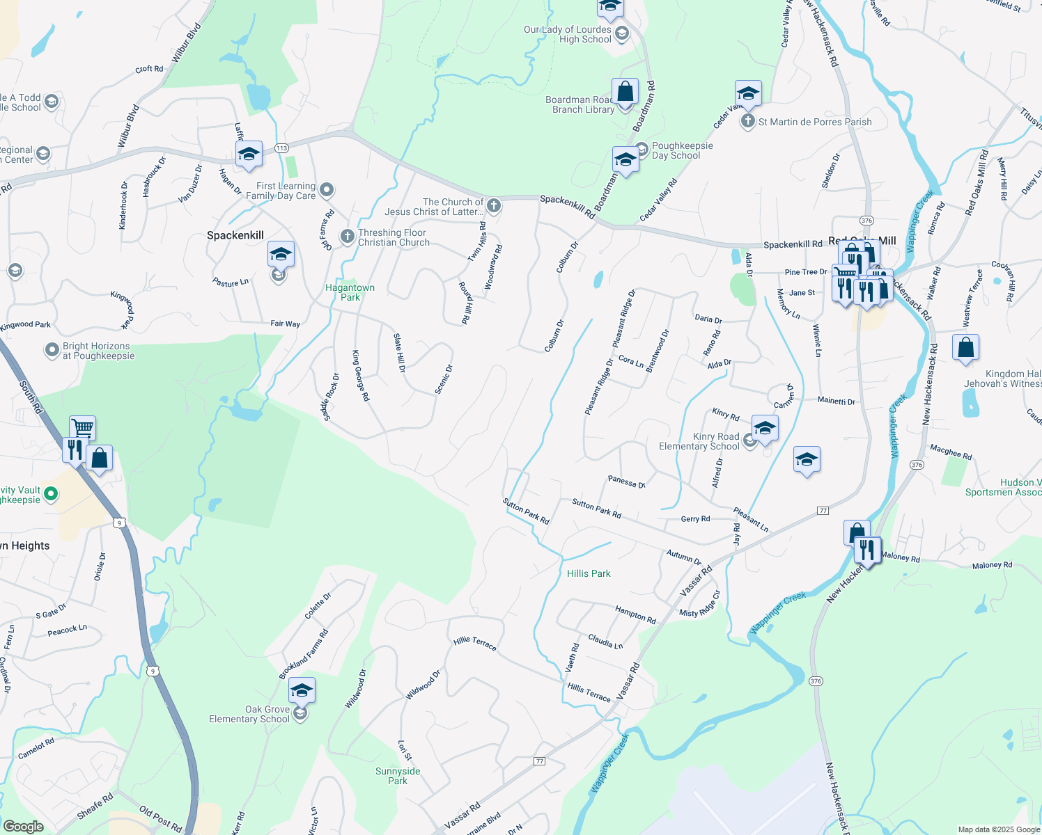 map of restaurants, bars, coffee shops, grocery stores, and more near 19 Raker Road in Poughkeepsie