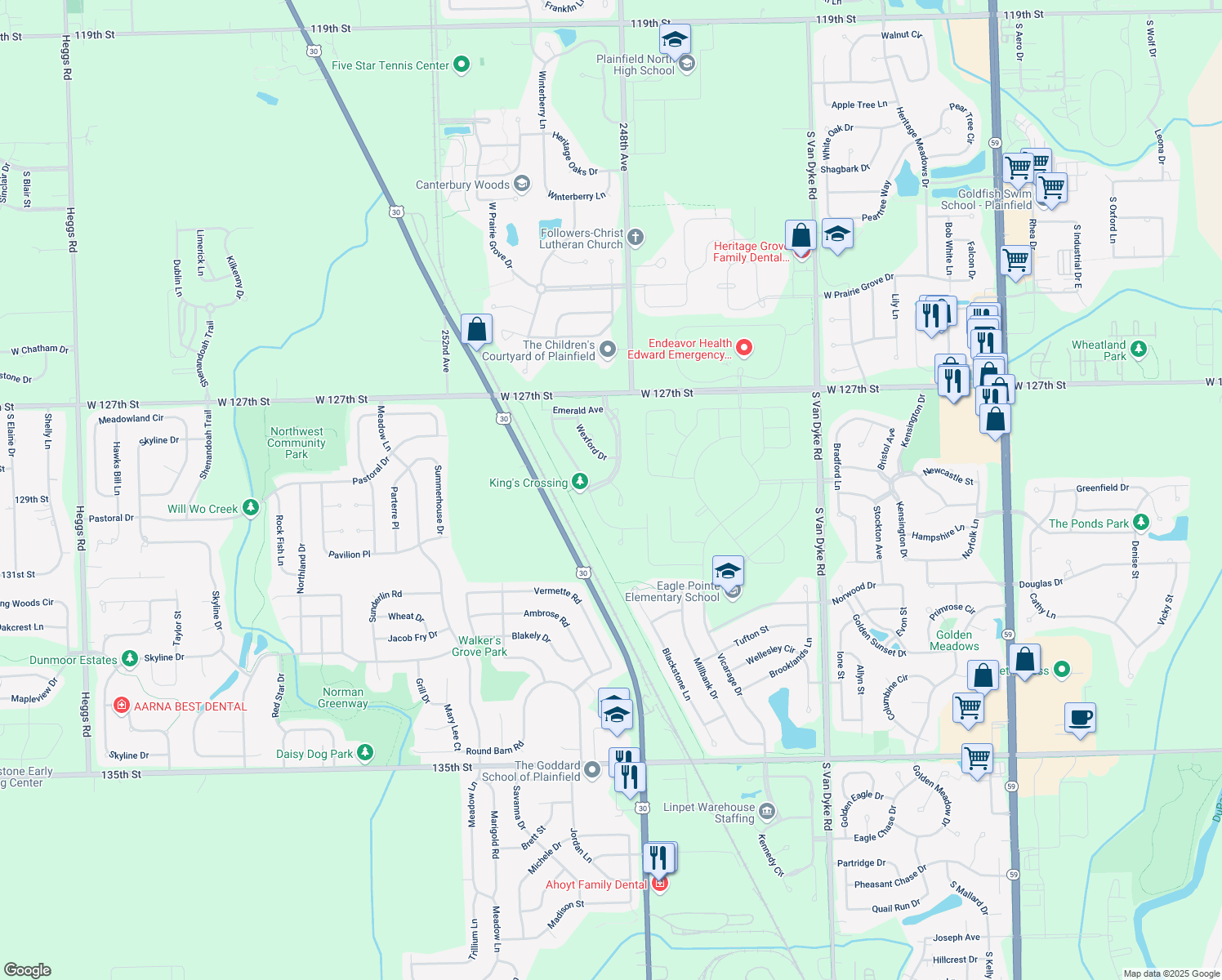 map of restaurants, bars, coffee shops, grocery stores, and more near 12823 Waterford Boulevard in Plainfield
