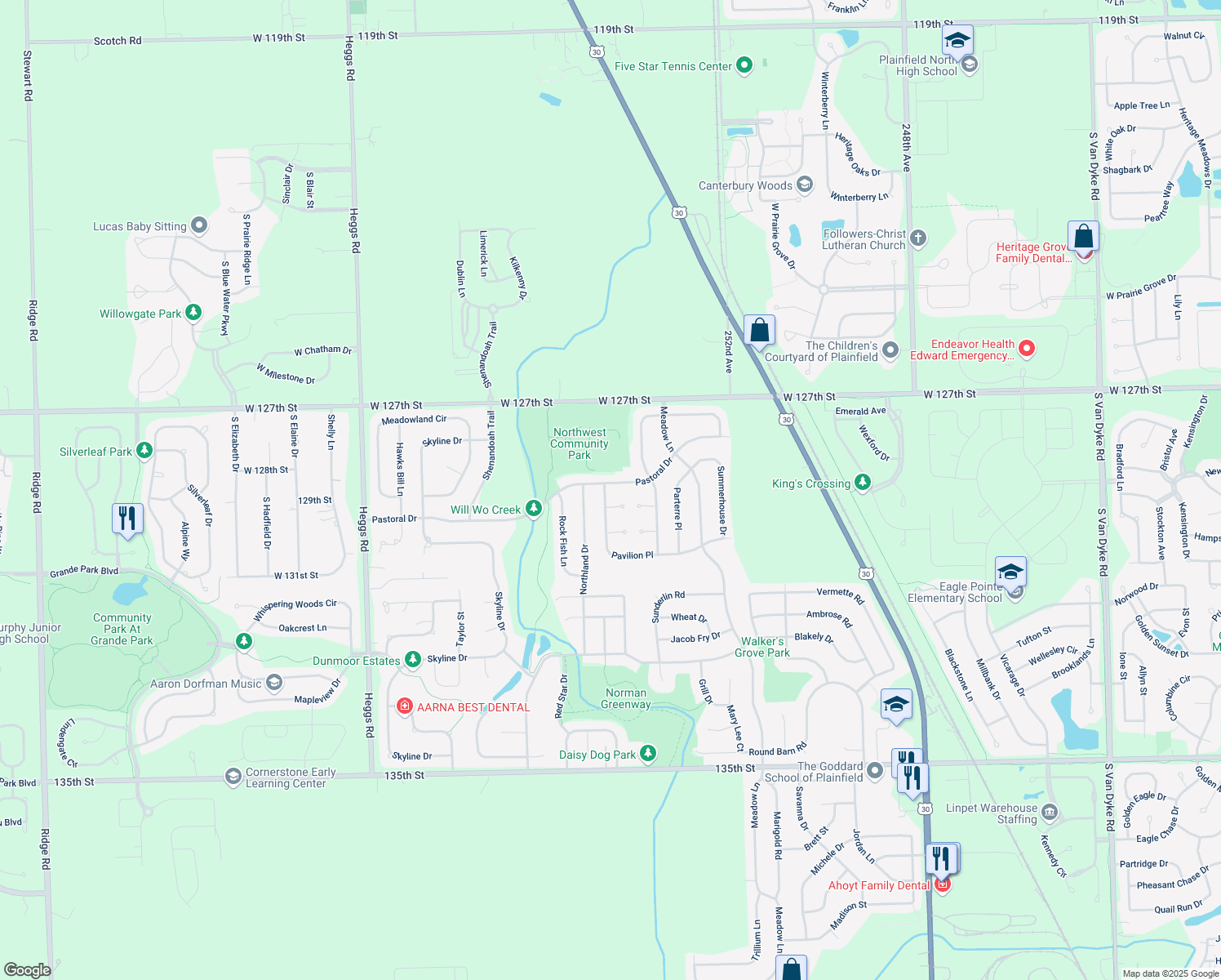 map of restaurants, bars, coffee shops, grocery stores, and more near 25427 Pastoral Dr in Plainfield