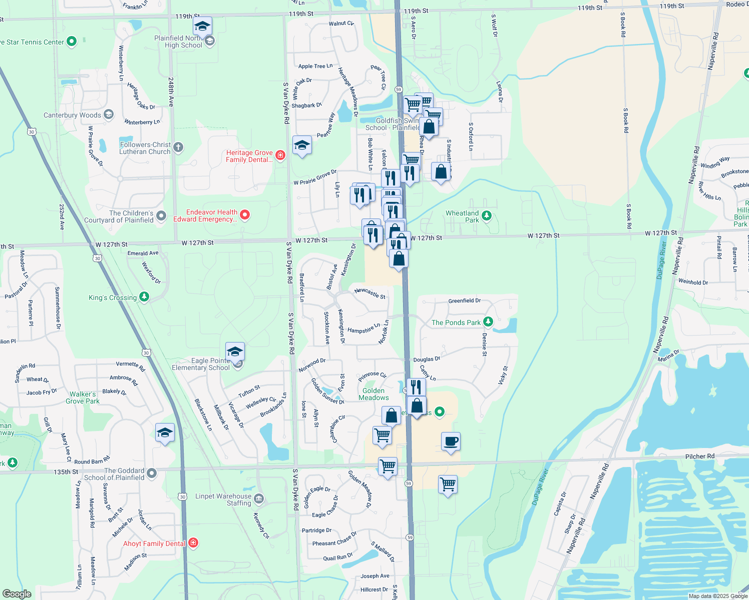 map of restaurants, bars, coffee shops, grocery stores, and more near 24109 Newcastle Street in Plainfield